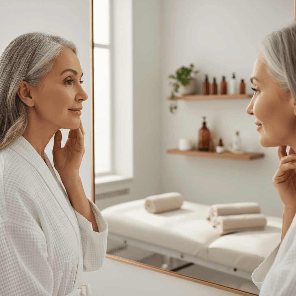Client admiring skin results after treatment